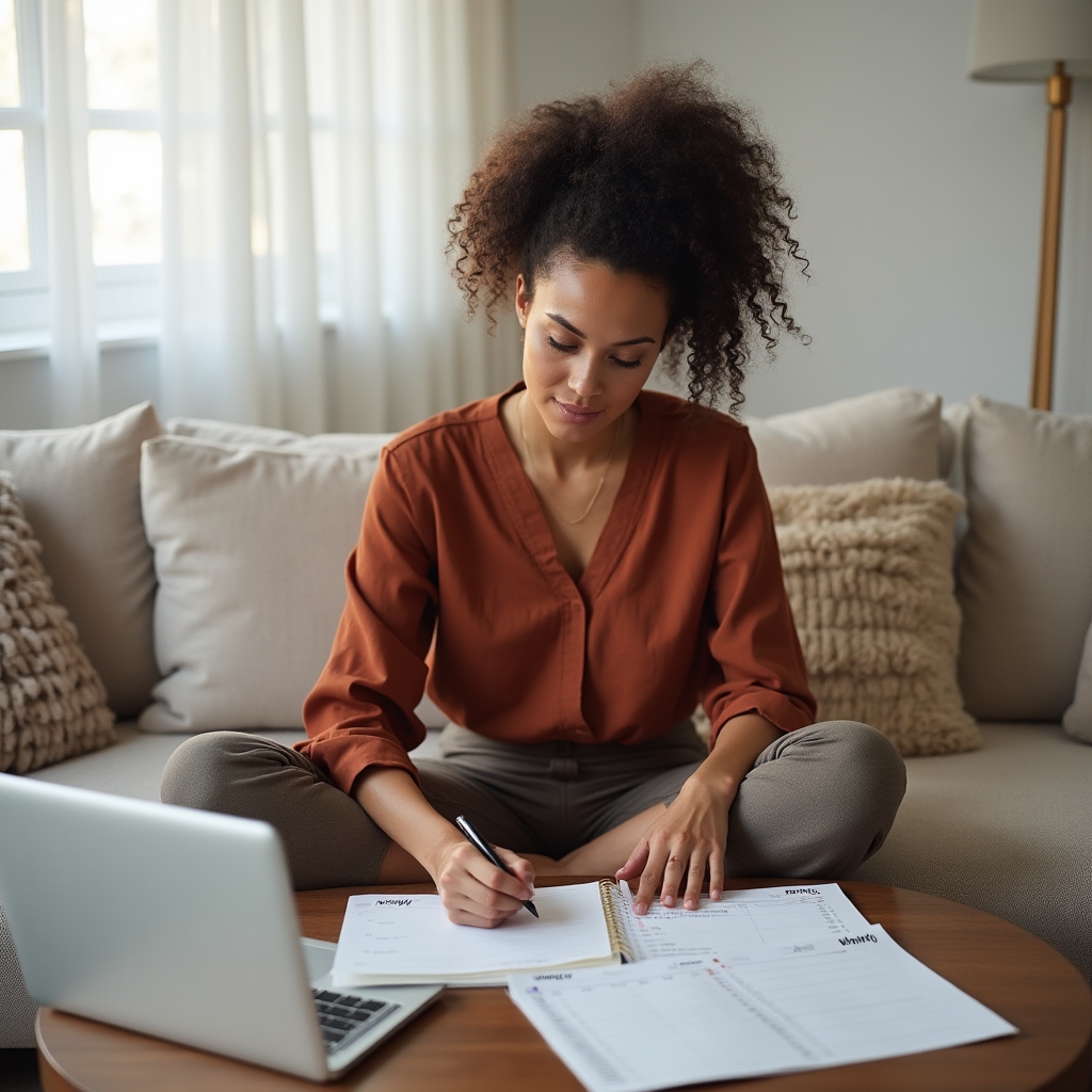 Freelancer planificando su semana con papel y computadora